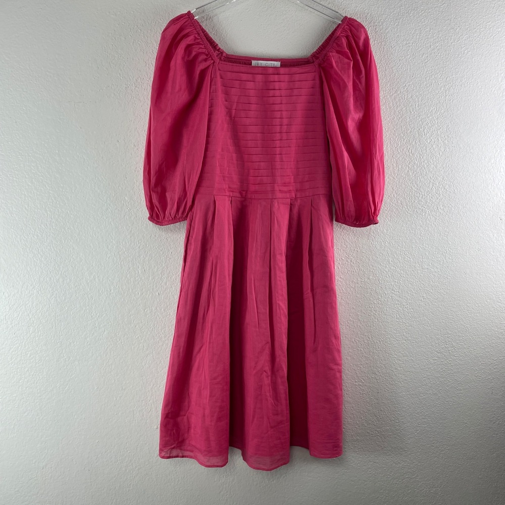 Ivy City Co Pink Puff Sleeve Smocked Back Midi Dress XS Cottagecore Romantic